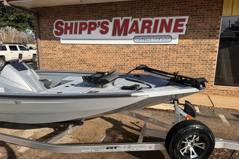 Slide: The Image of 2026 Xpress H17C Crappie boat at Shipp's Marine dealership, displayed on a trailer. - 3