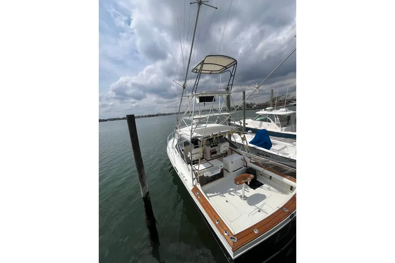 The Image of 1989 Blackfin 31 Combi boat docked under cloudy skies, showcasing spacious deck and fishing setup. - 1