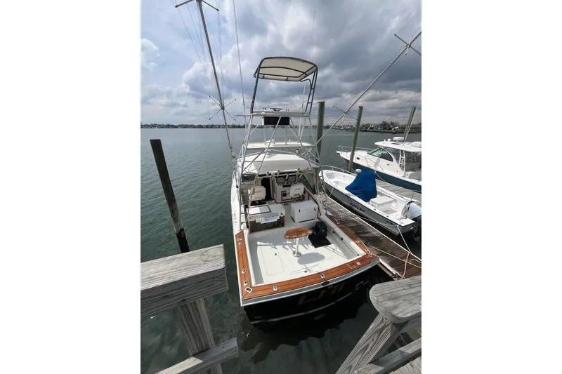 Slide: The Image of 1989 Blackfin 31 Combi boat docked at a marina under a clear blue sky. - 3