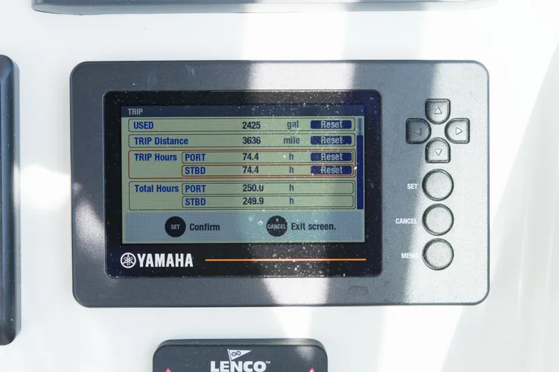 Slide: The Image of Yamaha display showing trip data on a 2020 Parker 2810 XLD Walkaround boat. - 23