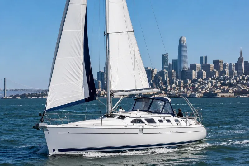 The Image of Sailing yacht Hunter 41 Deck Salon 2007 cruising near city skyline and bridge. - 0