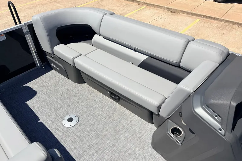 Slide: The Image of 2026 Sun Tracker Party Barge 22 DLX with sleek gray seating and spacious deck. - 20