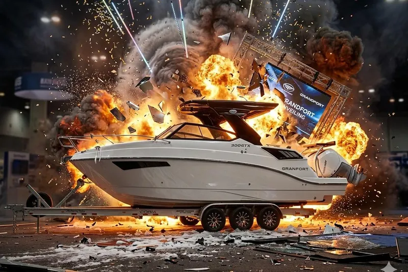 The Image of Explosion at Granfort 300 GTX 2026 unveiling event, showcasing dramatic boat reveal. - 0