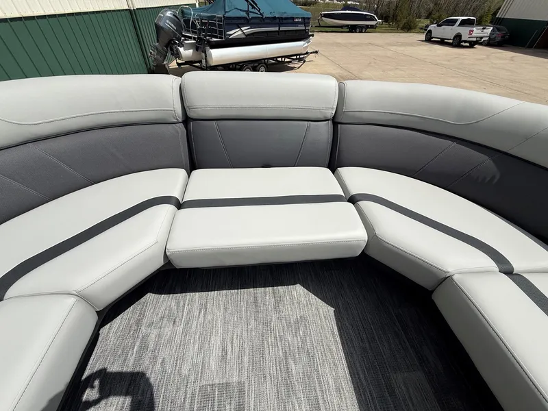 Slide: The Image of Interior of Viaggio Lago X-U 22 boat, 2026 model, featuring gray upholstery. - 18