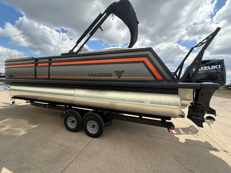 Slide: The Image of Viaggio Lago X-U 22 pontoon boat, 2026 model, on trailer. - 2