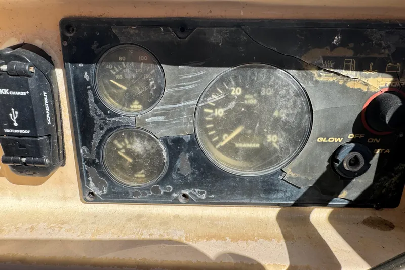 Slide: The Image of Close-up of a weathered control panel on a 2007 Beneteau Oceanis 49 sailboat. - 28