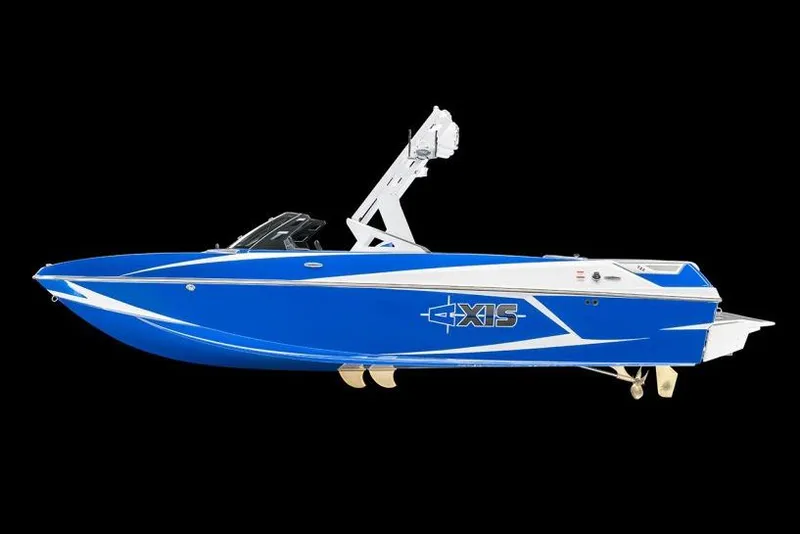 Slide: The Image of Manufacturer Provided Image: 2016 Axis T22 blue and white wakeboard boat, side view. - 47
