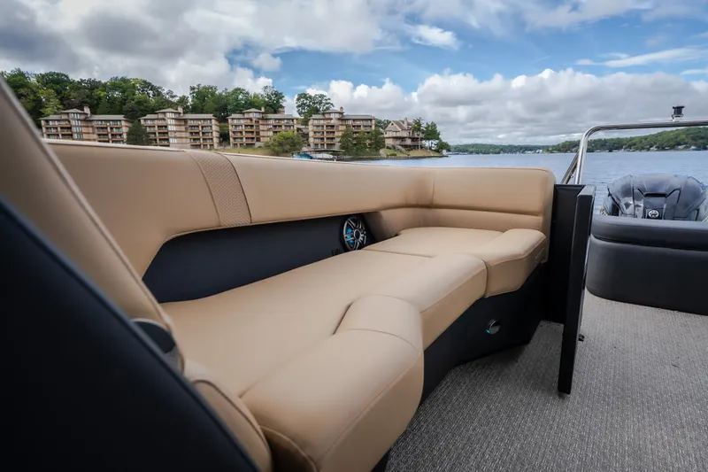 Slide: The Image of Luxurious seating on 2026 Evotti 525QL boat with scenic lake view. - 51