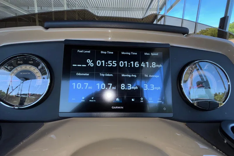Slide: The Image of Dashboard of 2026 Evotti 525QL showing speed and trip data on Garmin display. - 24