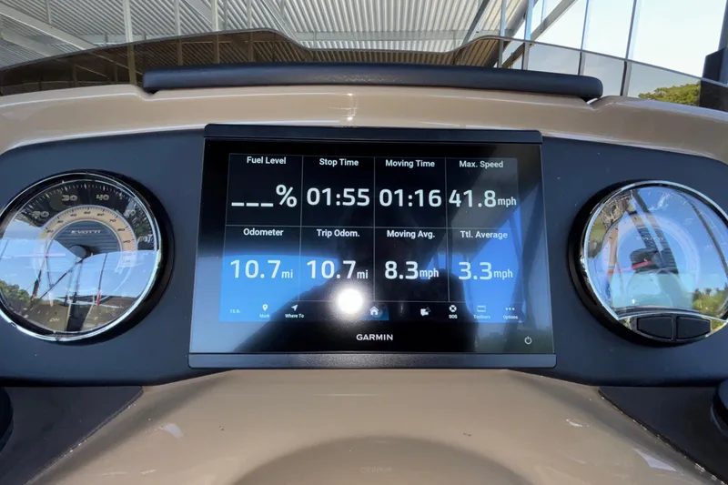 Slide: The Image of Dashboard of 2026 Evotti 525QL with Garmin display showing trip statistics. - 25