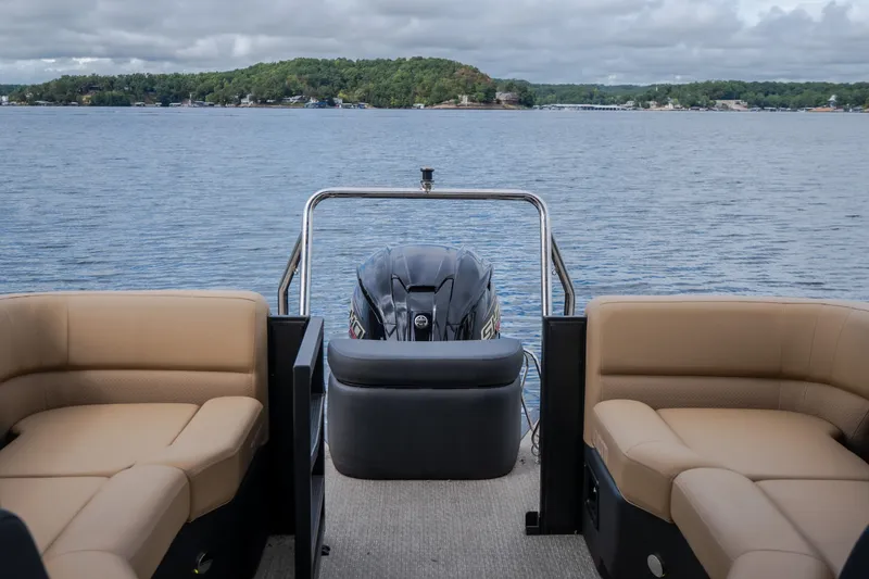 Slide: The Image of 2026 Evotti 525QL boat interior with lake view, featuring comfortable seating and modern design. - 47