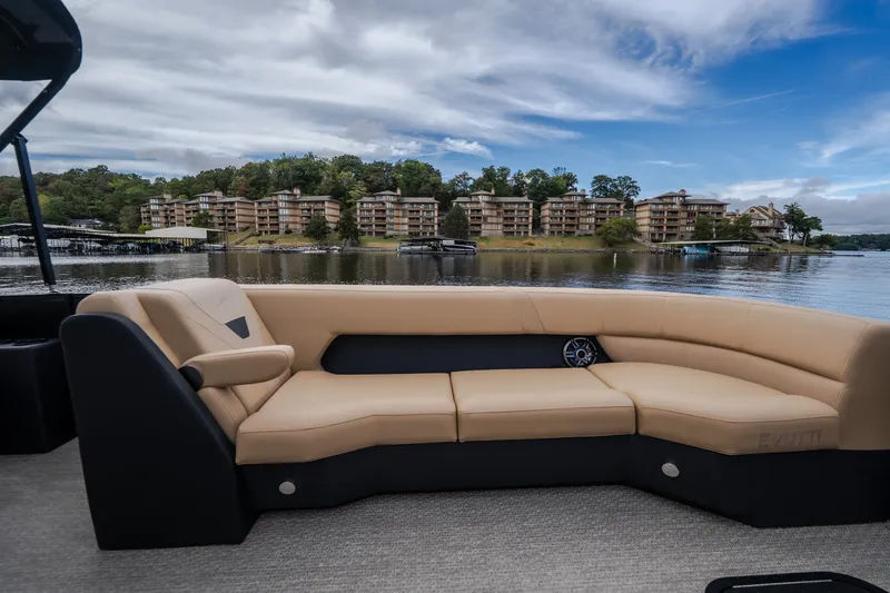 Slide: The Image of Luxurious Evotti 525QL boat interior with scenic waterfront view, 2026 model. - 18