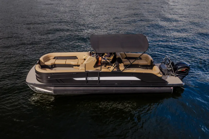 Slide: The Image of 2026 Evotti 525QL pontoon boat on water, featuring sleek design and spacious seating. - 25
