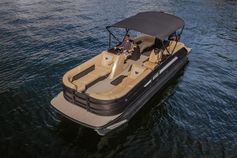 Slide: The Image of 2026 Evotti 525QL pontoon boat on water, featuring spacious seating and canopy. - 78