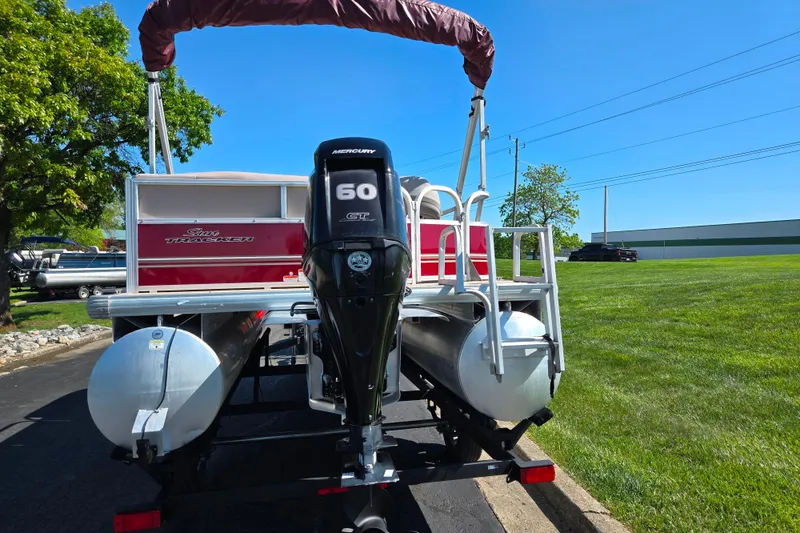 Slide: The Image of 2014 Sun Tracker Party Barge 20 DLX with Mercury 60 HP engine on trailer. - 5