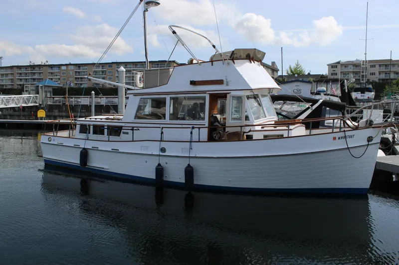 Slide: The Image of 1971 Grand Banks 36 Classic yacht docked at a marina, showcasing its timeless design. - 4