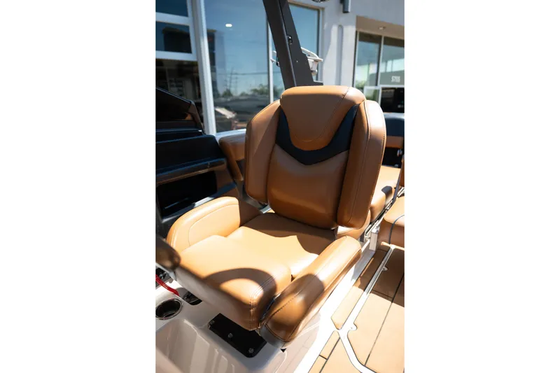 Slide: The Image of 2022 Malibu Wakesetter 23 MXZ boat seat, tan leather, modern design. - 26