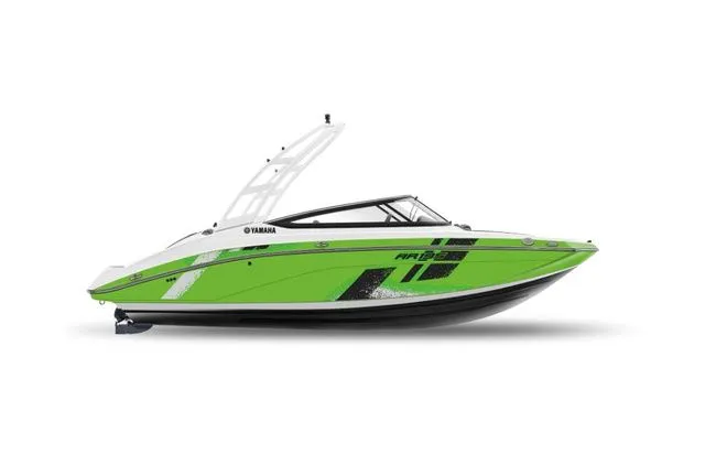 Slide: The Image of 2022 Yamaha AR195 boat in vibrant green, side view. - 4