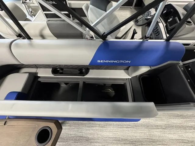 Slide: The Image of Interior view of 2026 Bennington 20 S L-BENCH with blue and gray seating. - 11