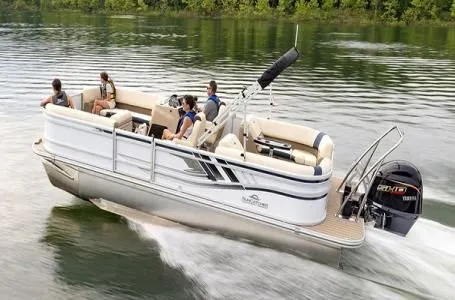 The Image of SunCatcher Select 322RC 2026 pontoon boat cruising on a serene lake. - 1