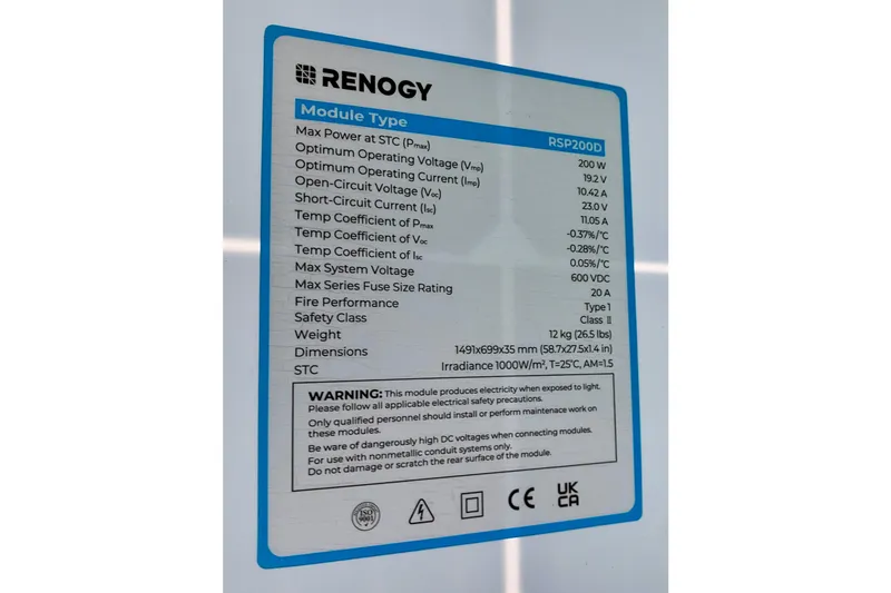 Slide: The Image of Renogy solar panel specifications label, model RSP200D, detailing electrical and safety information. - 33