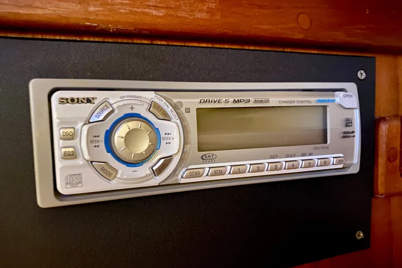 Slide: The Image of Sony marine stereo system in a 1992 Island Packet 29 sailboat interior. - 82