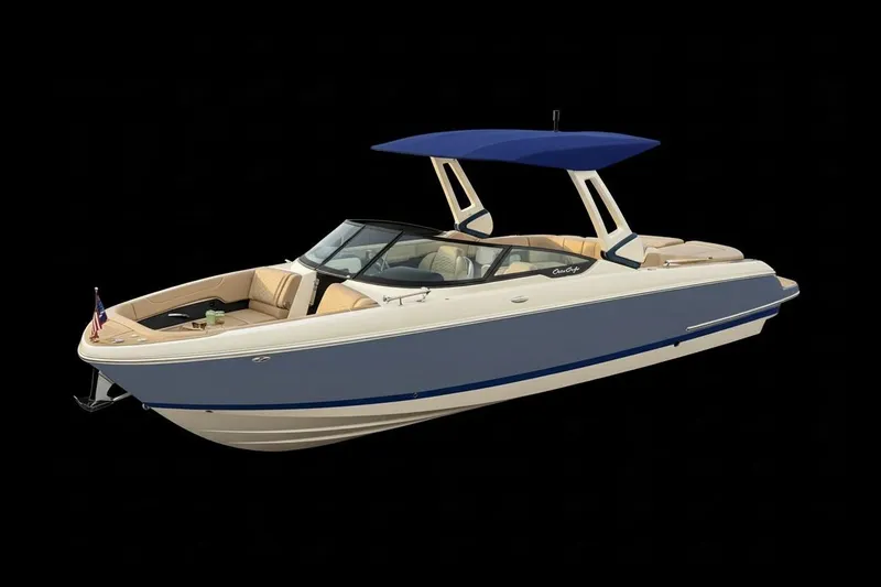 The Image of 2026 Chris-Craft Sportster 28 boat with blue hull and canopy, elegant design. - 0