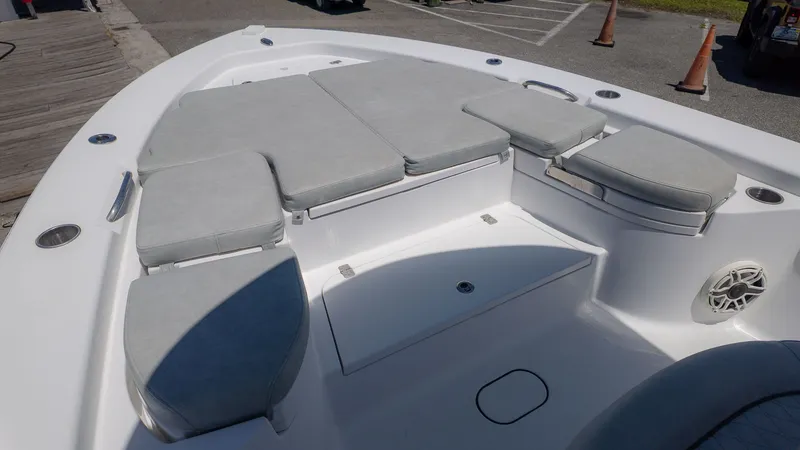 Slide: The Image of 2019 Sportsman Masters 267 Bay Boat with gray cushions. - 13