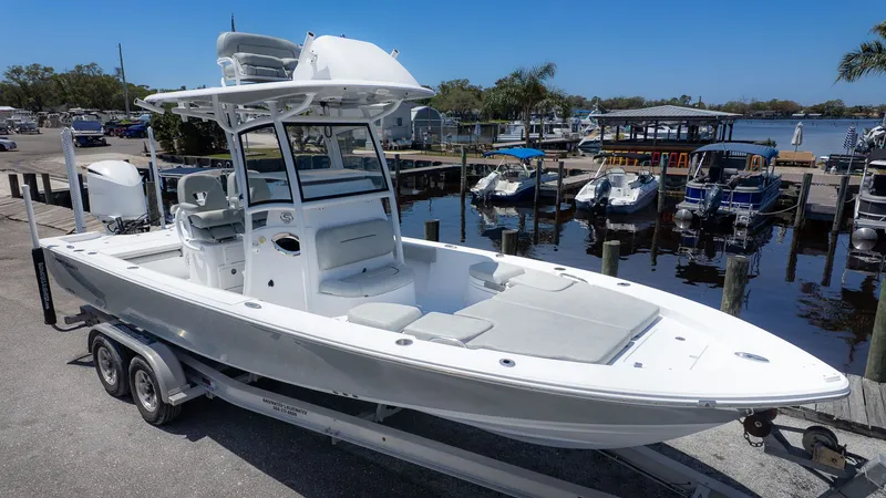 Slide: The Image of 2019 Sportsman Masters 267 Bay Boat at dock, ready for adventure. - 4