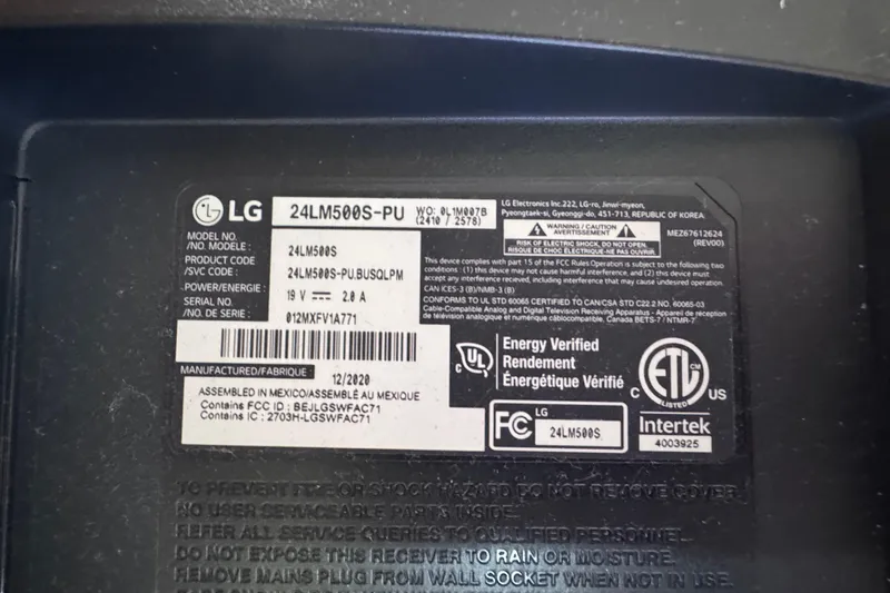 Slide: The Image of Label on LG 24LM500S-PU monitor, detailing model, power, and manufacturing information. - 54