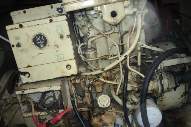 Slide: The Image of Engine compartment of a 1972 Uniflite 36 Sport Sedan with visible wiring and components. - 15