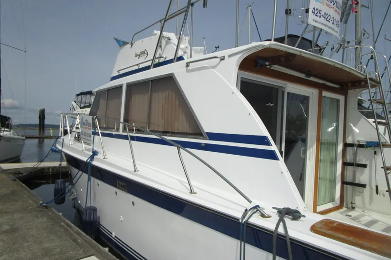 Slide: The Image of 1972 Uniflite 36 Sport Sedan docked at marina, featuring sleek design and blue accents. - 2