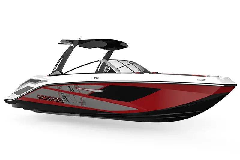 Slide: The Image of 2025 Scarab 285 LX boat, red and black, sleek design. - 10