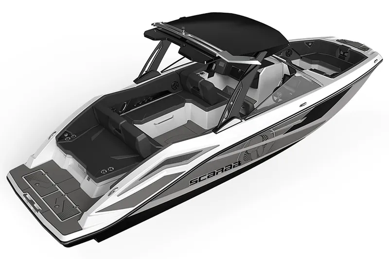 Slide: The Image of 2025 Scarab 285 LX boat, sleek design, black and white. - 11