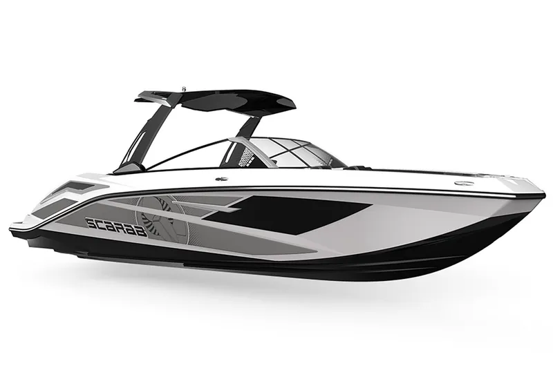 Slide: The Image of 2025 Scarab 285 LX motorboat, sleek design, black and white color scheme. - 8
