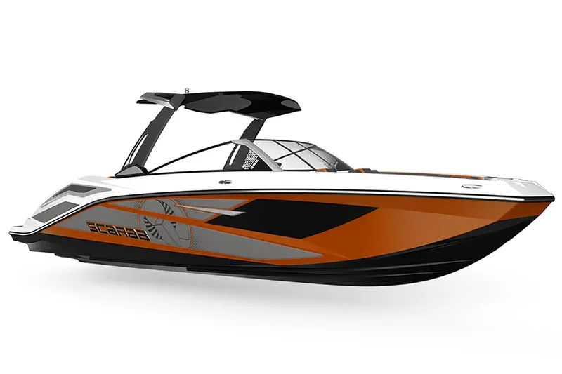 Slide: The Image of 2025 Scarab 285 LX boat in orange and black. - 9