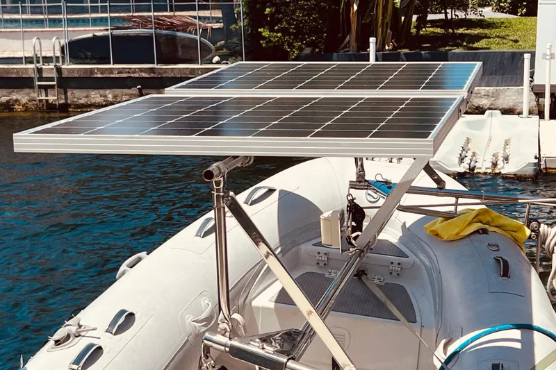 Slide: The Image of Solar panels on Jeanneau Sun Odyssey 519 yacht, docked by the water, 2016 model. - 18