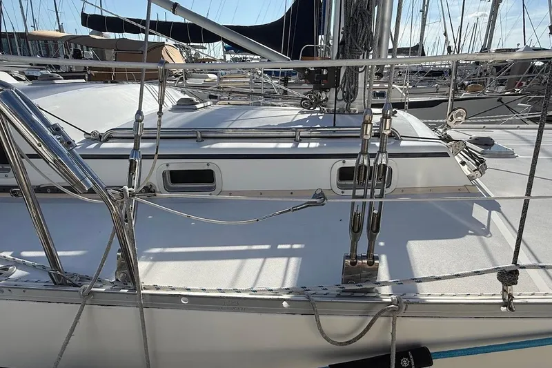 Slide: The Image of Sailboat deck of 2011 Reliance 44, featuring rigging and stainless steel fittings. - 28