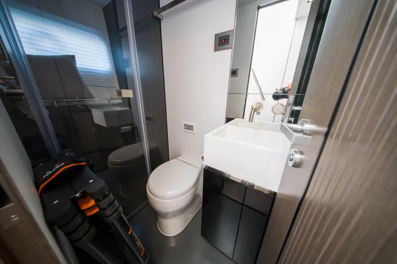 Slide: The Image of Modern bathroom in 2024 Pearl 72 yacht with sleek fixtures and compact design. - 128