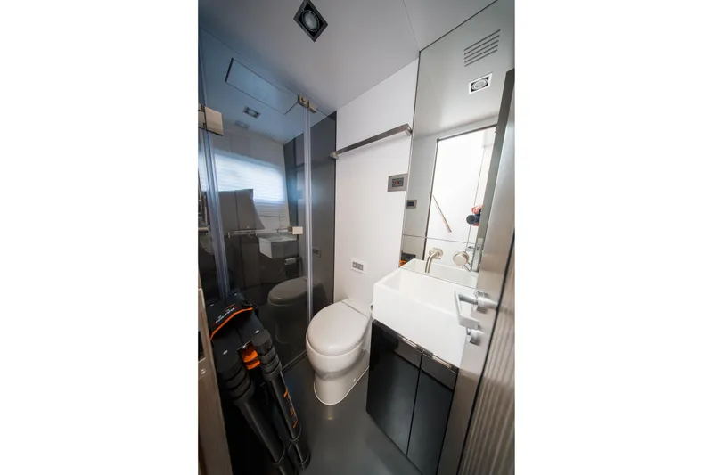 Slide: The Image of Modern bathroom interior in 2024 Pearl 72 yacht, featuring sleek design and compact fixtures. - 129