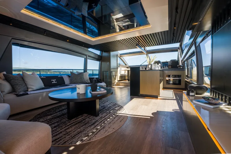 Slide: The Image of Luxurious interior of 2024 Pearl 72 yacht with modern furnishings and panoramic windows. - 35