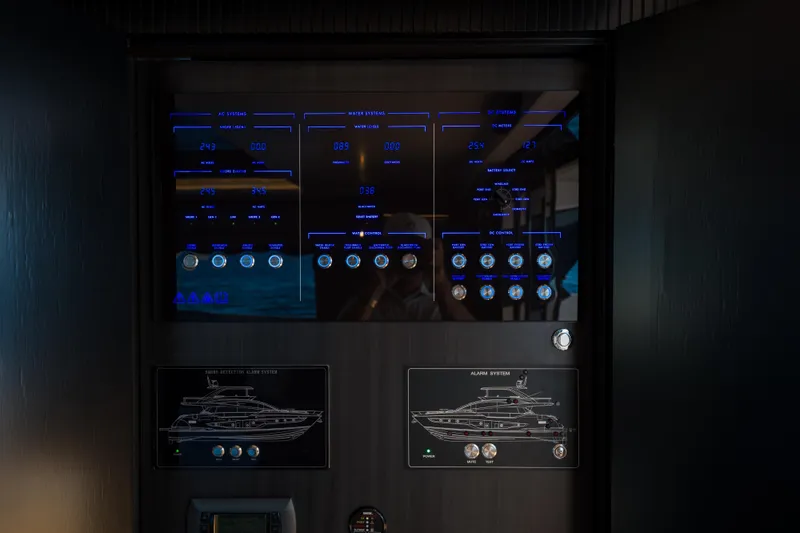 Slide: The Image of Control panel of a 2024 Pearl 72 yacht, displaying various system indicators. - 49