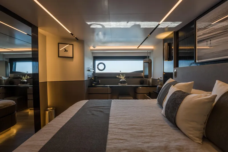 Slide: The Image of Luxurious interior of 2024 Pearl 72 yacht featuring elegant bedroom design and modern decor. - 53