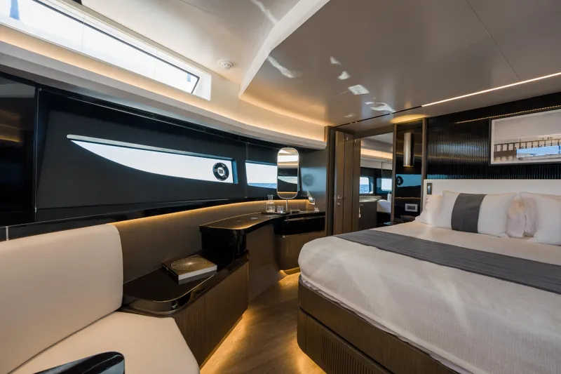 Slide: The Image of Luxurious interior of 2024 Pearl 72 yacht featuring elegant bedroom and modern design elements. - 62