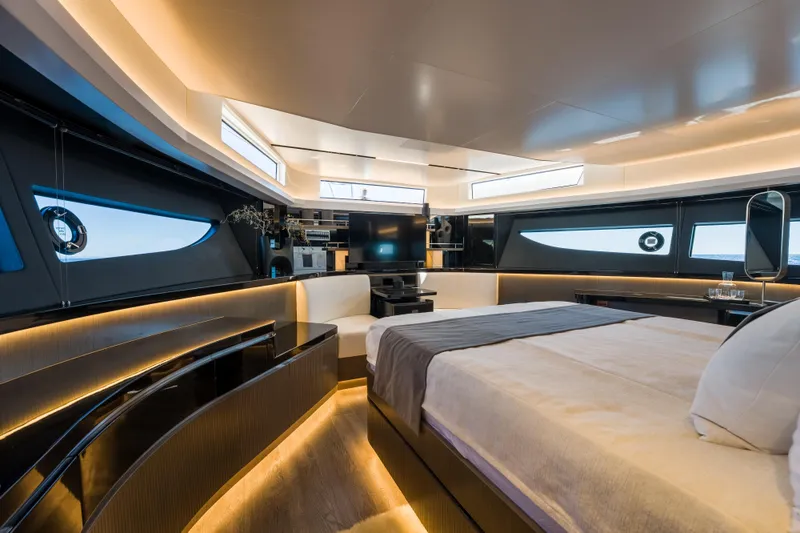 Slide: The Image of Luxurious interior of 2024 Pearl 72 yacht with modern design and ambient lighting. - 64