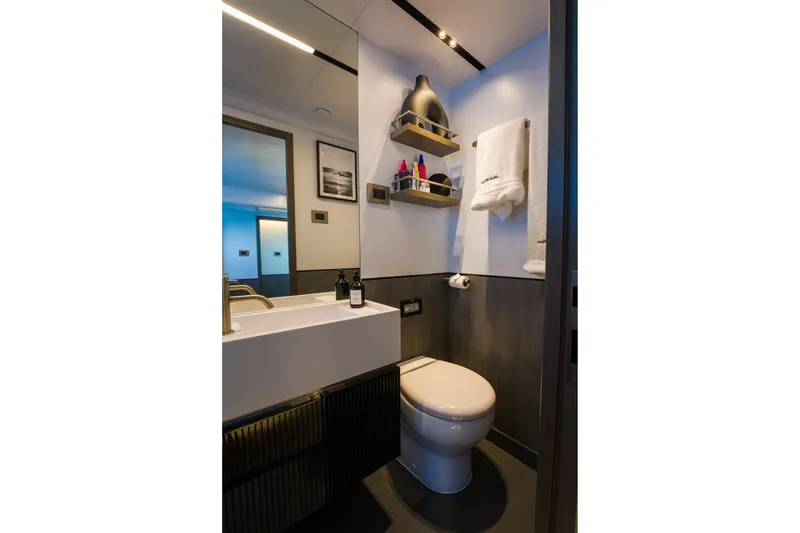 Slide: The Image of Modern bathroom in 2024 Pearl 72 yacht with sleek fixtures and elegant design. - 74
