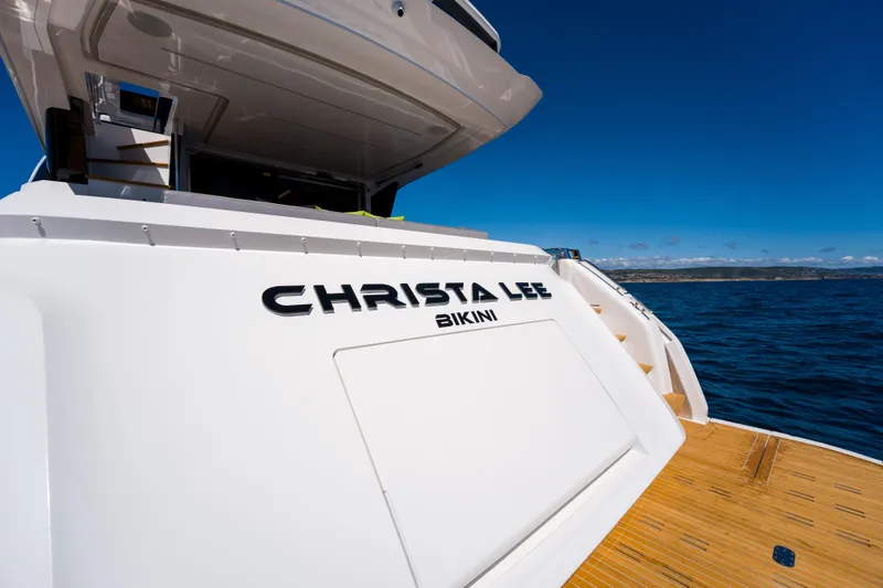Slide: The Image of Luxury yacht Pearl 72, 2024 model, on open sea with clear blue sky. - 87