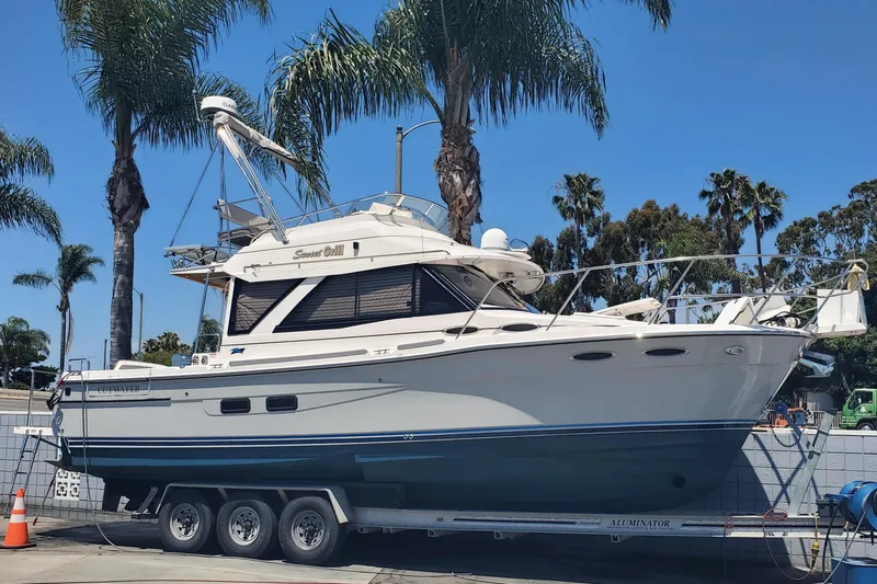 The Image of 2024 Cutwater C-30 CB boat on trailer, surrounded by palm trees. - 0