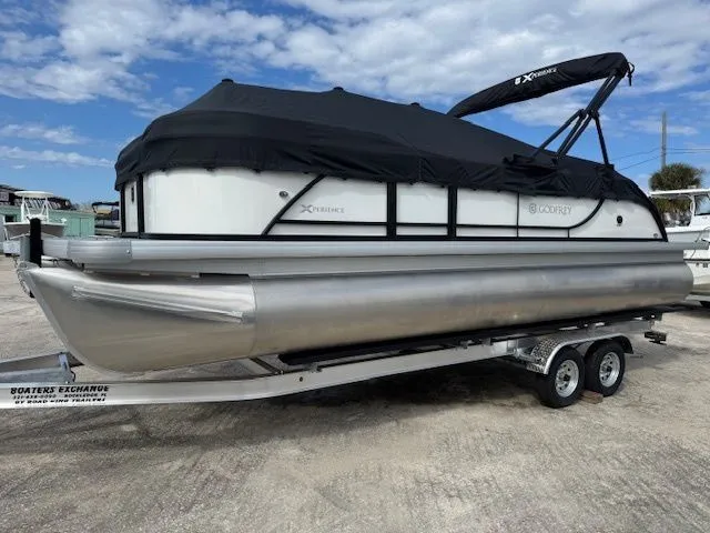 Slide: The Image of 2026 Sweetwater Xperience pontoon boat on trailer, black cover. - 46