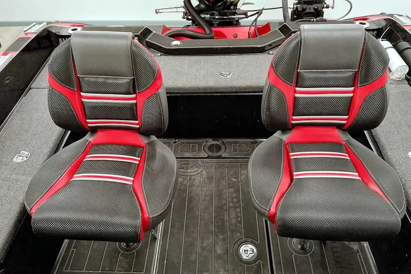 Slide: The Image of 2024 Ranger 621FS Fisherman boat interior with stylish black and red seats. - 32